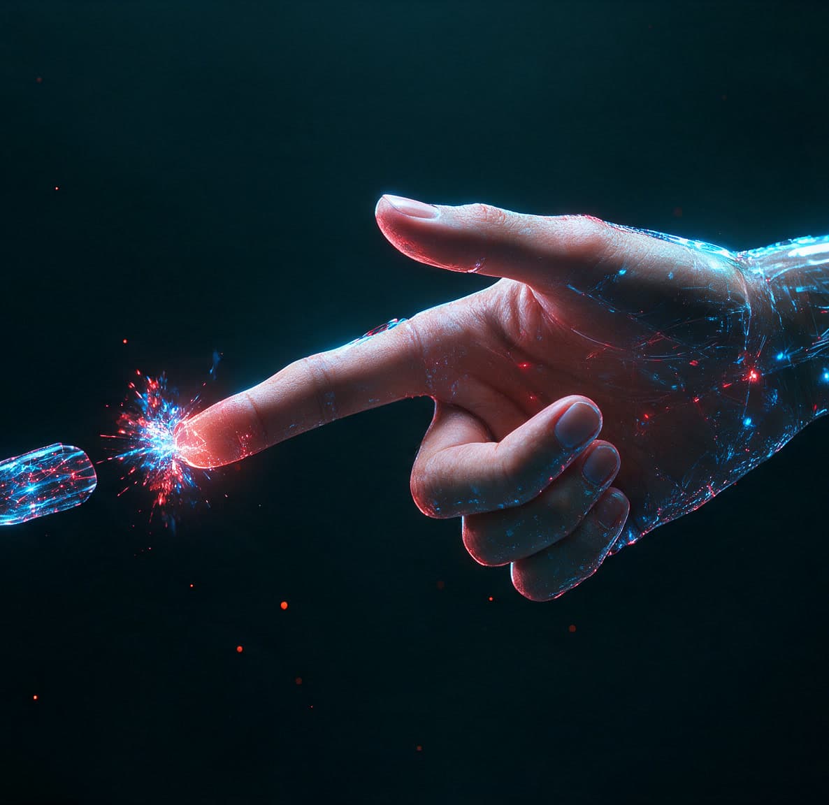 A hand of light pointing like a pistol, a glowing bullet leaving its fingertip.