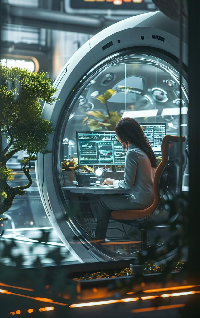 An analyst at a multi-screen workstation inside a glass pod.